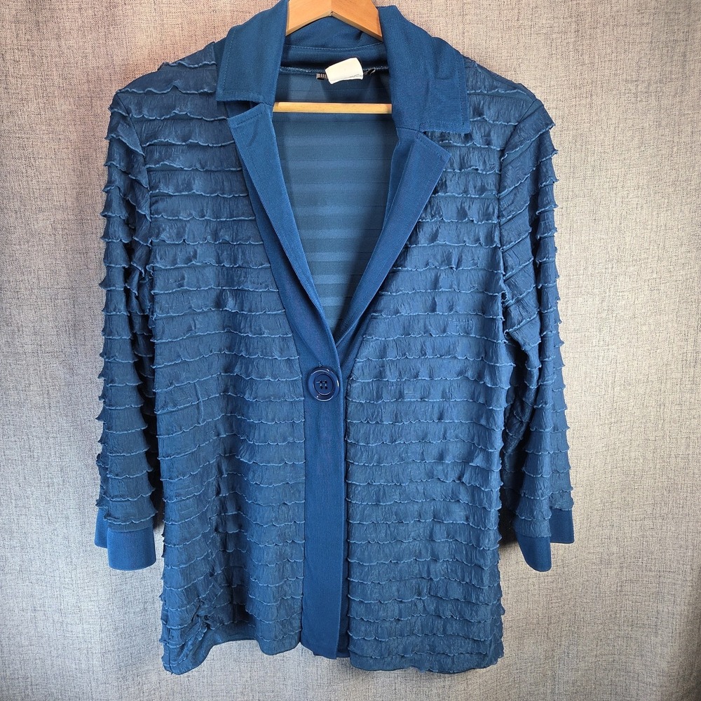 Slinky Brand Blue Tiered Crinkle Ruffled Blazer Art Deco Jacket Med Stretch Boho